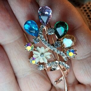 Sparkly Rose Goldtone Multi-Color Flower Bouquet Pin